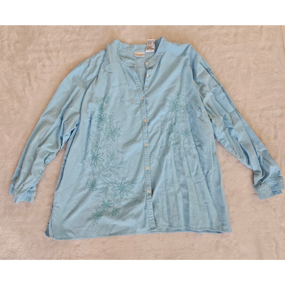 White Stag Plus Womens 22W 24W Light Green Linen Blend Embroidered Floral Shirt‎